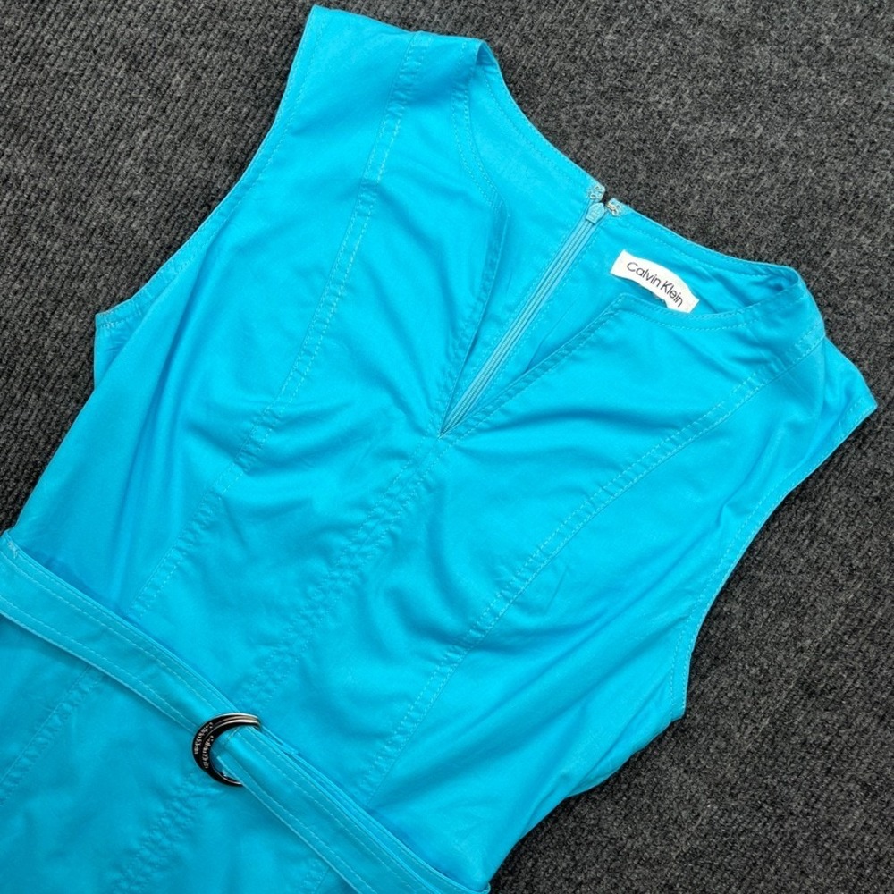 Calvin Klein Turquoise Blue Sleeveless Belted Ruffle Hem Fit Flare Dress 4